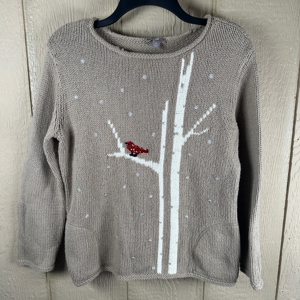 J Jill Sweater Small Petite SP Beige Cardinal Sequin Winter Holiday Knit Pockets